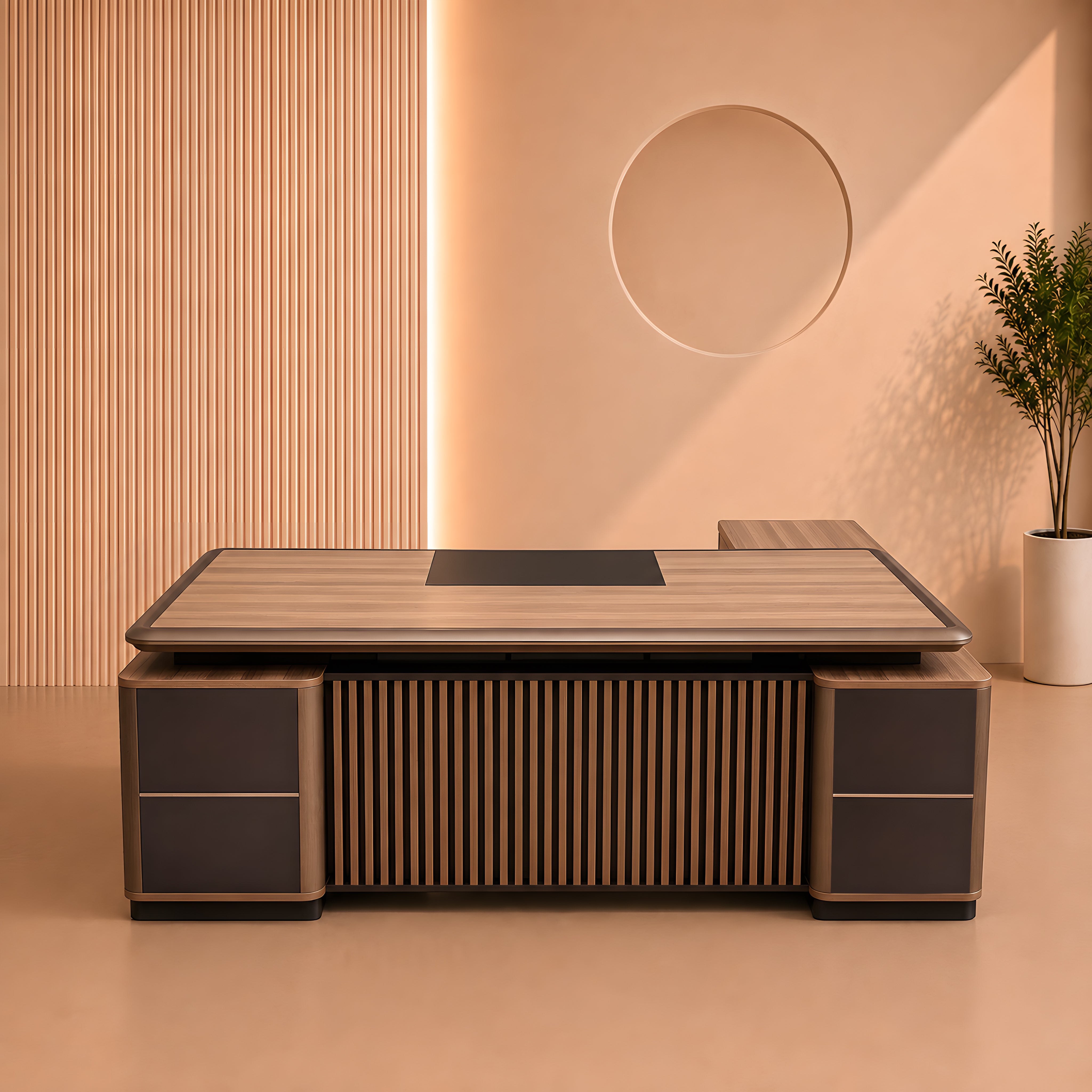 مكتب 200×160×75 سم + وحدة جانبية + أدراج متصلة – خشبي ورمادي – AZ50029