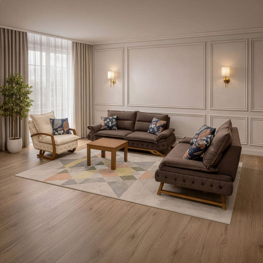 Modern Sofa Set 3 Pieces (MDF and Musky wood) – Color: Brown and Beige–2502
