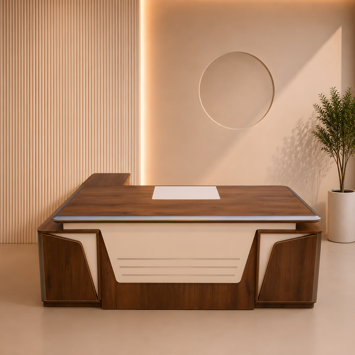 مكتب 200×160×75 سم + وحدة جانبية + أدراج متصلة – بني وبيج – AZ50030
