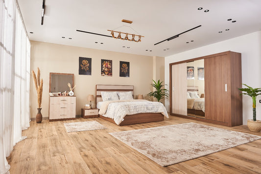 غرفة نوم ستار (ألواح ميلامين MDF) – سرير 160 سم، تسريحة 80 سم، 2 كومود 55 سم، دولاب 245 سم
