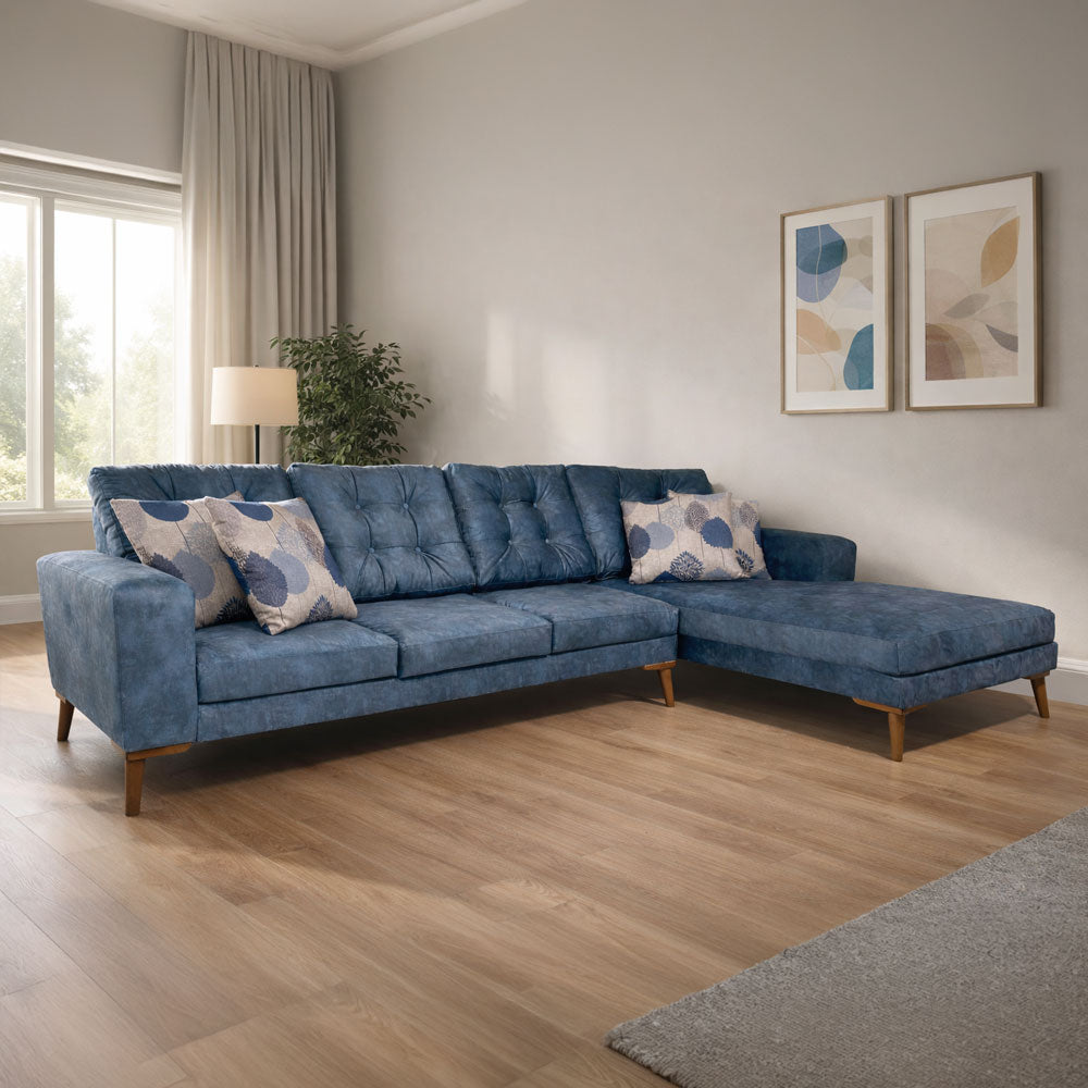 Modern L-Shaped Home Corner Sofa – Natural Wood – Denim Blue – 285*175*85 cm – Cappuccino Pro Max