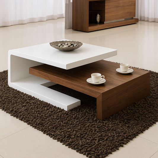 Modern White and Wood Coffee Table with Layered Design
