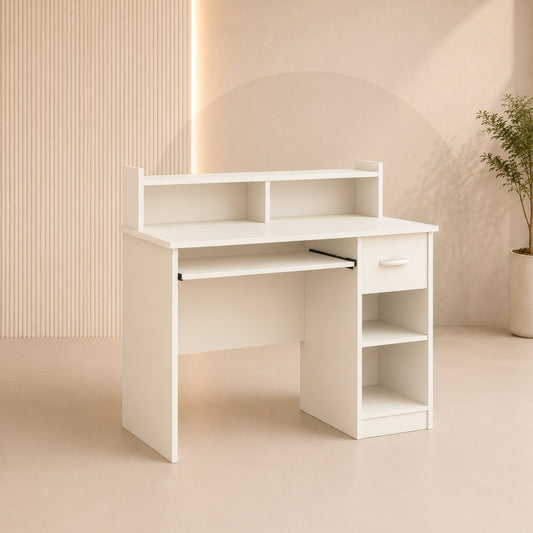 مكتب 120×60×95 سم + درج واحد + 2 ضلفة + رف كيبورد + مكتبة – أبيض – AZ1257
