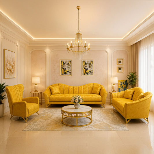 Modern Sofa Set 3 Pieces (Beech Wood, Plywood, Pine) – Color: Mustard Yellow –belfast