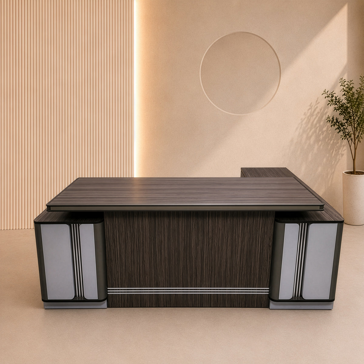 مكتب 200×160×75 سم + سايد + وحدة أدراج متصلة - بني وأبيض - AZ50006