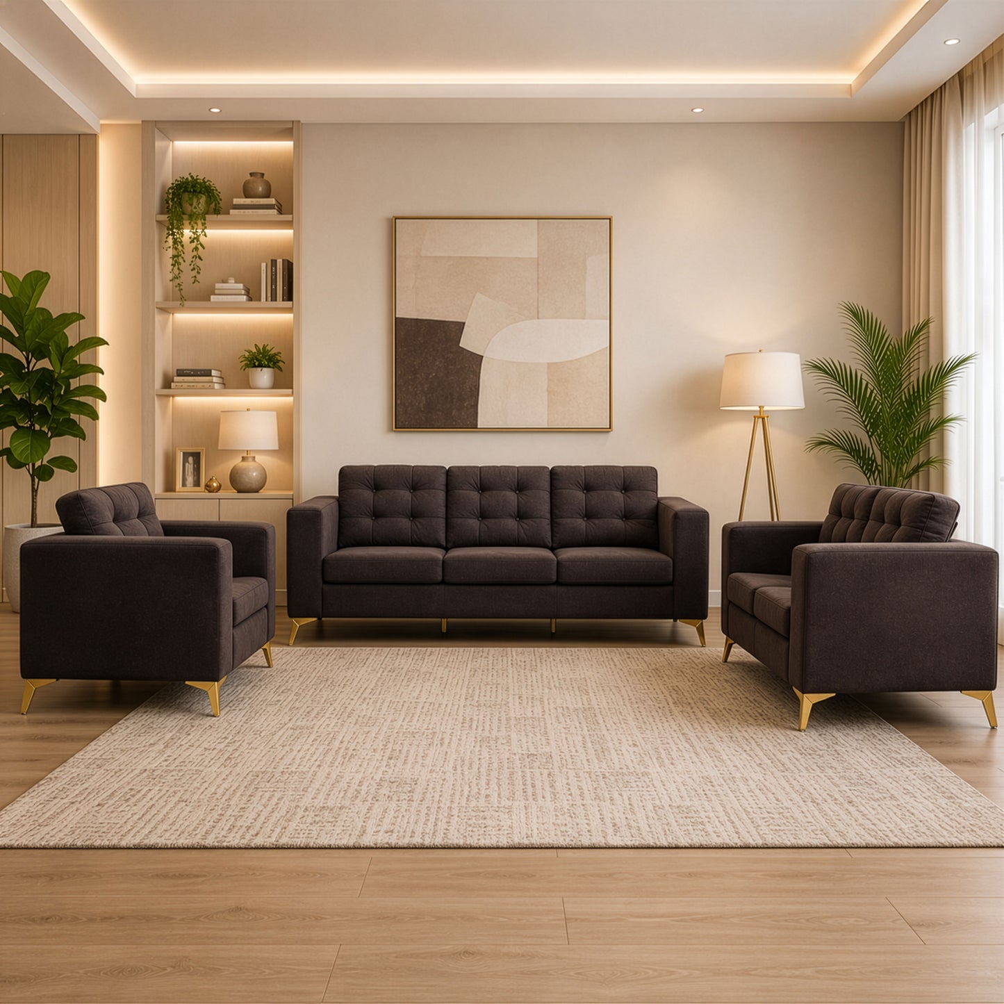 Modern Sofa Set 3 Pieces (MDF and Musky Wood) – Color: Brown – izel