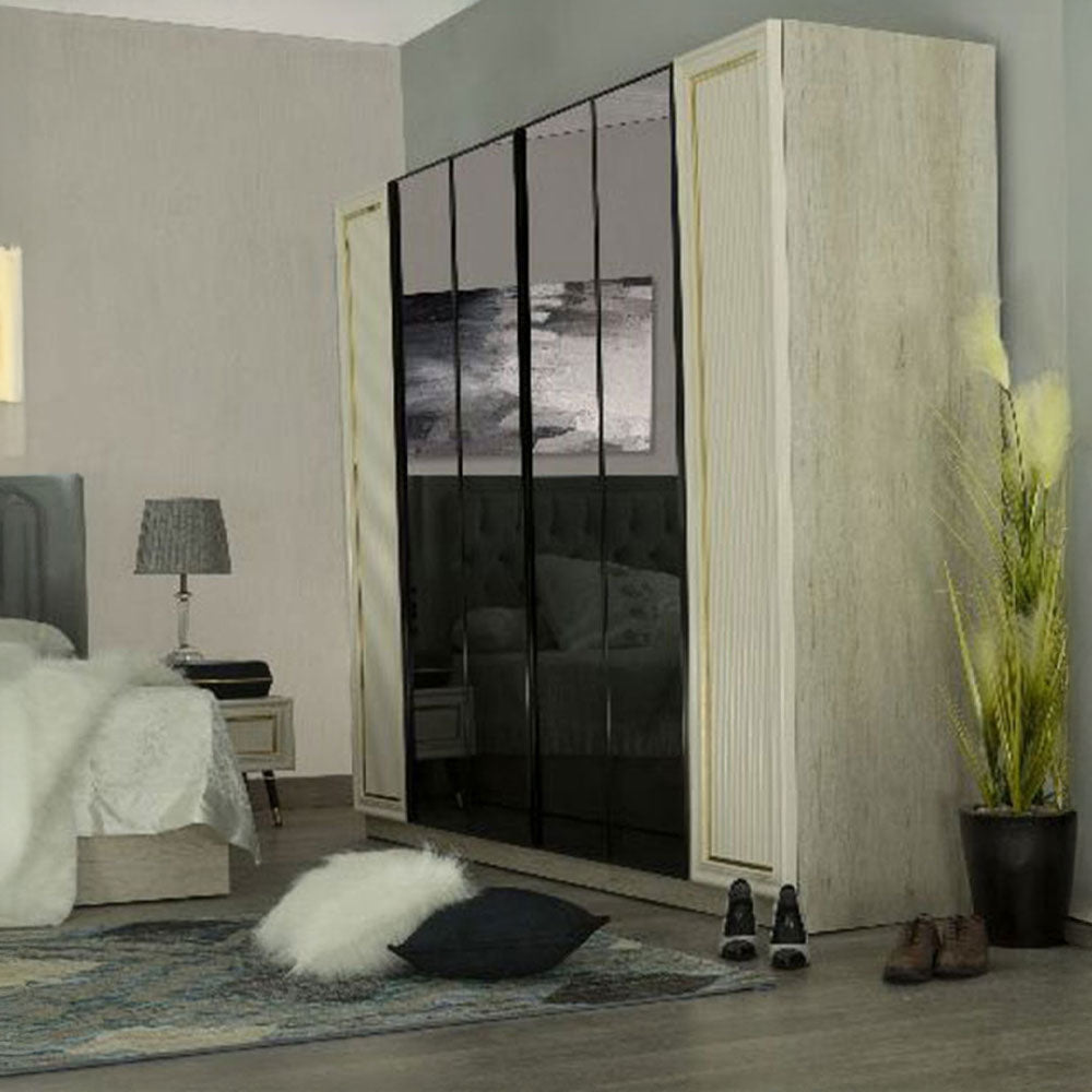 غرفة نوم ميراج (ألواح MDF) – سرير 160 سم، تسريحة 120 سم، 2 كمود 60 سم، دولاب 260 سم