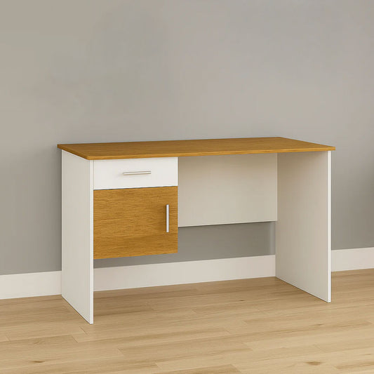 Desk 120×60×75 cm + Attached Unit (1 Door + 1 Drawer) – White and Wooden – AZ1050