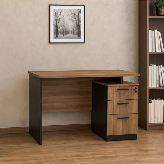 Desk 120 x 60 x 75 cm + Attached Drawer Unit - Black and wooden- AZ1294