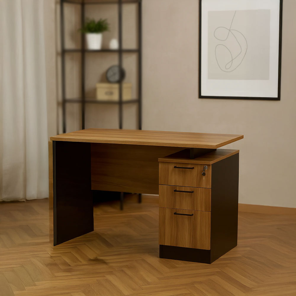 Desk 120 x 60 x 75 cm + Attached Drawer Unit - Black and wooden- AZ1294