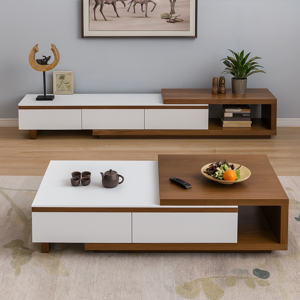 طاولة تلفزيون 190 × 40 × 40 سم + طاولة استقبال 110 × 50 × 40 سم – بني وأبيض – AZ3003