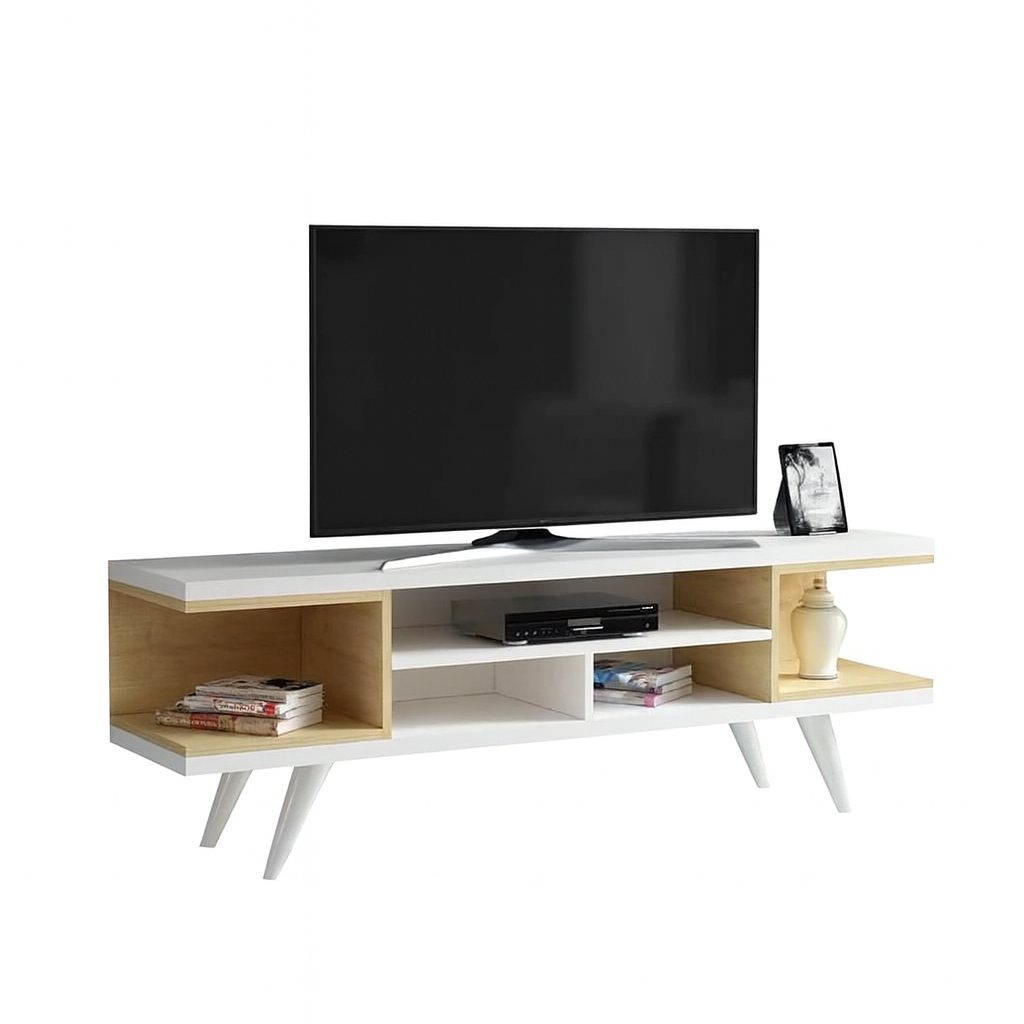 طاولة تلفزيون، 150 × 30 × 50 سم – أبيض وخشبي – AZ30037
