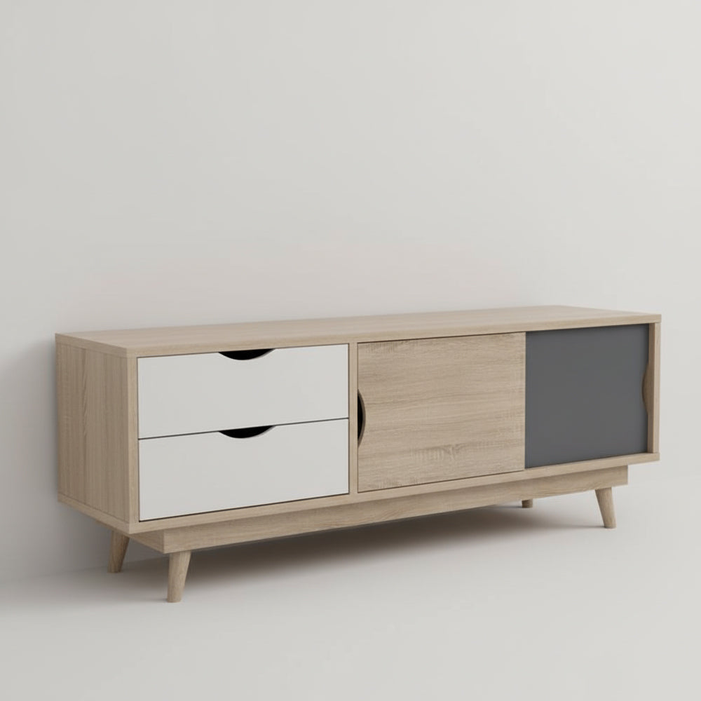 طاولة تلفزيون 150×40×55 سم – أبيض وخشبي ورمادي – AZ30047
