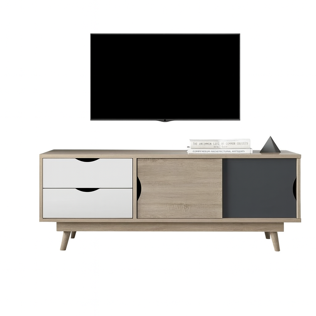 طاولة تلفزيون 150×40×55 سم – أبيض وخشبي ورمادي – AZ30047
