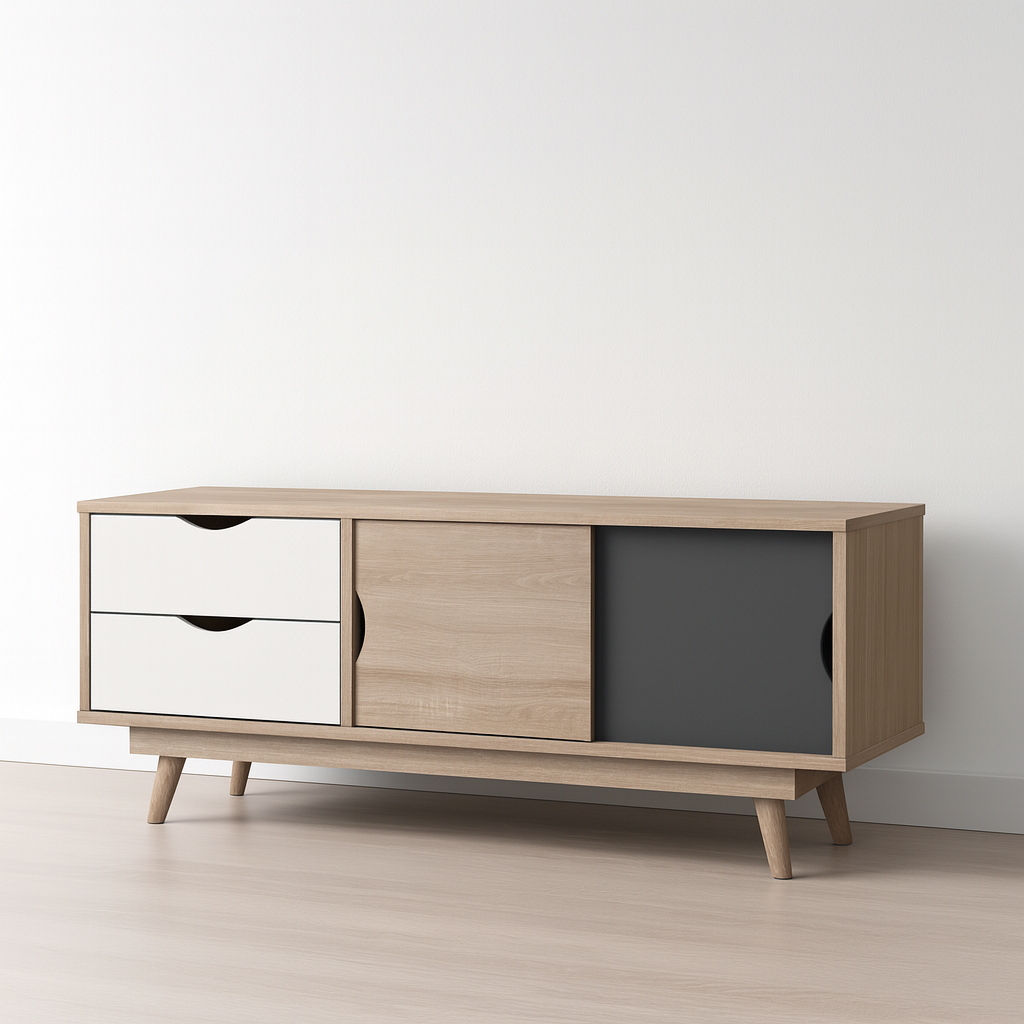 طاولة تلفزيون 150×40×55 سم – أبيض وخشبي ورمادي – AZ30047
