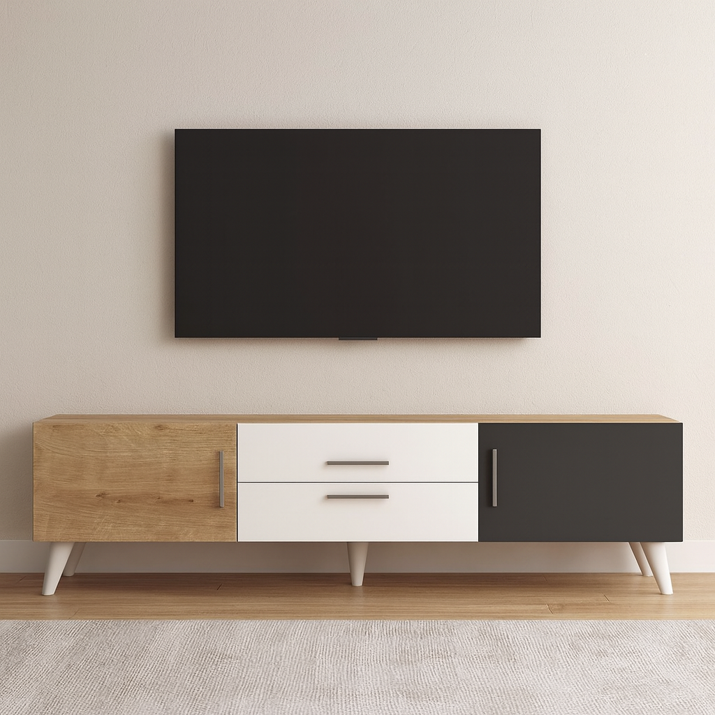 طاولة تلفزيون 160 × 30 × 45 سم – خشبي وأبيض ورمادي – AZ3007

