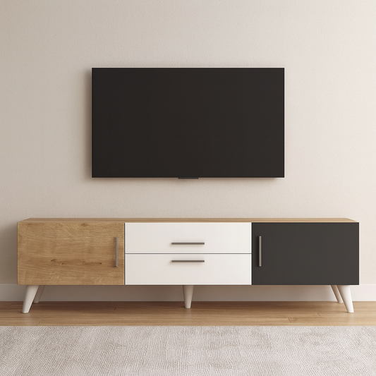 TV Table, 160 × 30 × 45 cm - Wooden, White and Grey - AZ3007
