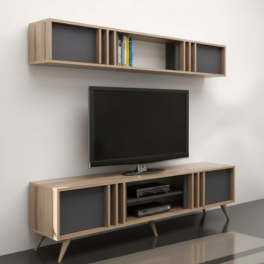 TV Table, 180 × 45 × 50 cm - Grey and Wooden - AZ30024