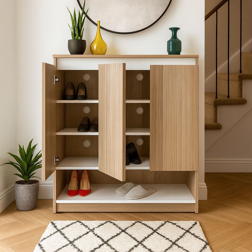 Shoe Cabinet, 90 × 38 × 96 cm - Wooden and White - AZ40027