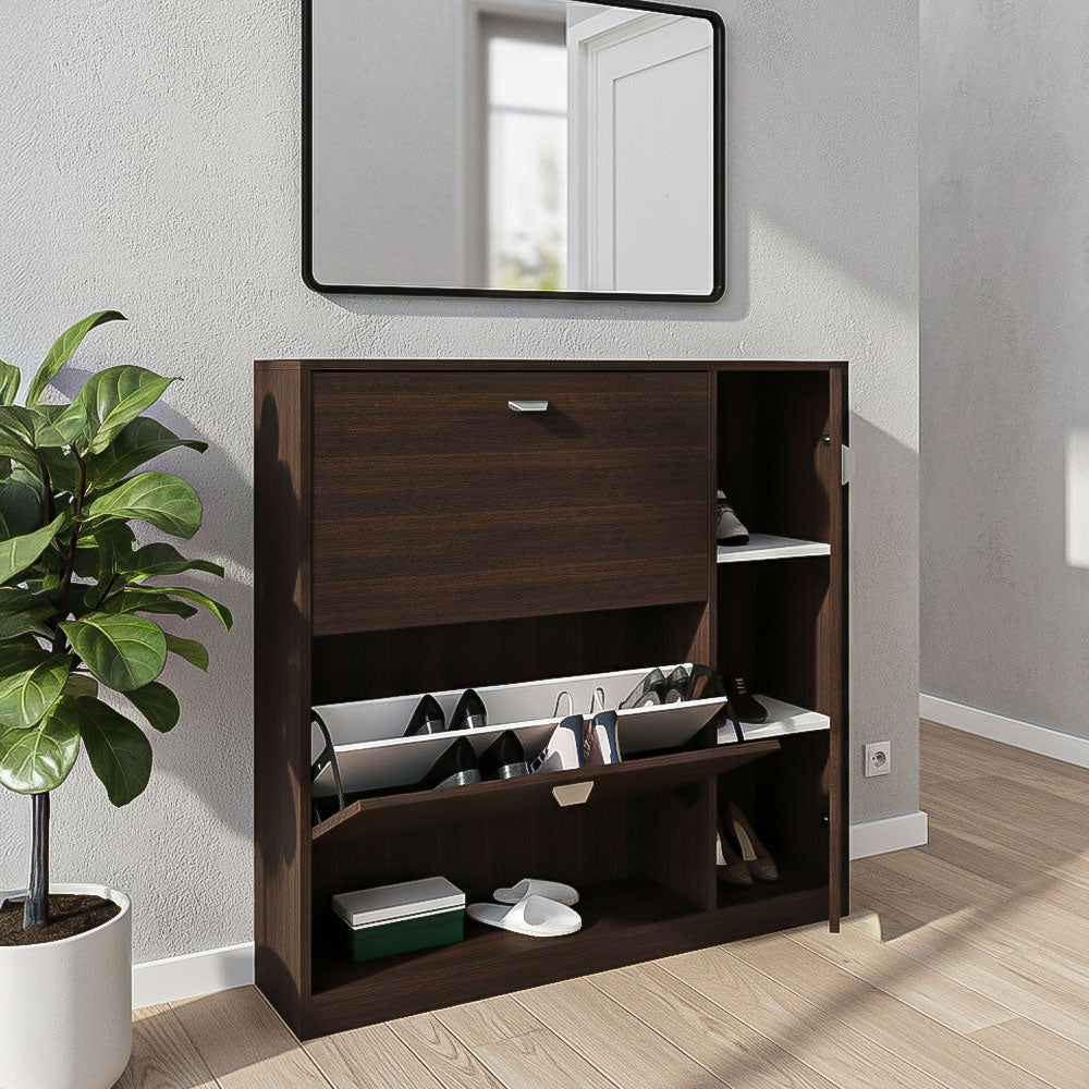 Shoe Cabinet, 80 × 35 × 110 cm -  Brown and White  - AZ4009