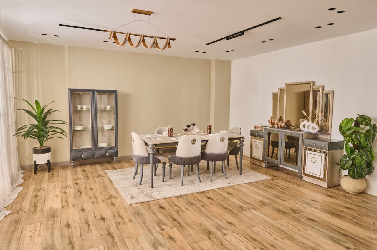 Dining Room Hasanda – Table 200×100 cm with Glass, Buffet 180 cm, Showcase 120 cm, 6 Chairs