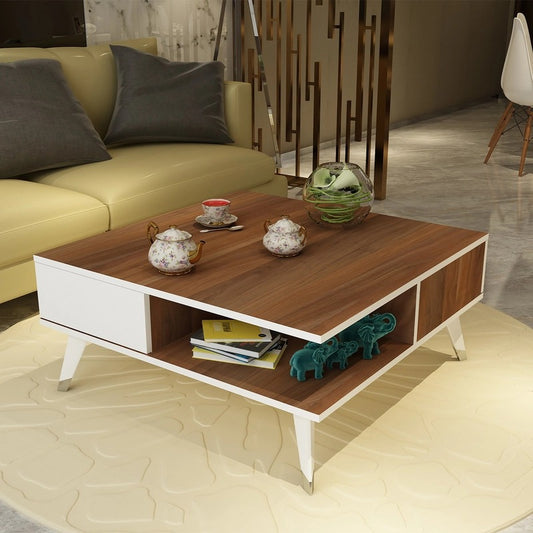 طاولة استقبال 100×100×42 سم - أبيض وبني - AZH-00035
