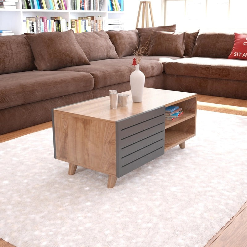 طاولة استقبال 100×48×45 سم - رمادي وخشبي - AZH-00037
