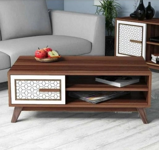 طاولة استقبال 110×60×40 سم - أبيض وخشبي - AZH-00039
