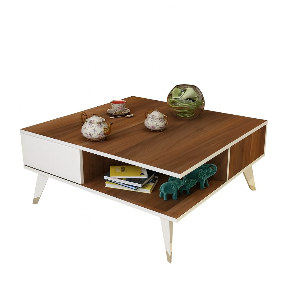 طاولة استقبال 100×100×42 سم - أبيض وبني - AZH-00035
