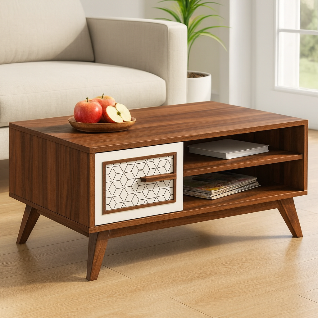 طاولة استقبال 110×60×40 سم - أبيض وخشبي - AZH-00039
