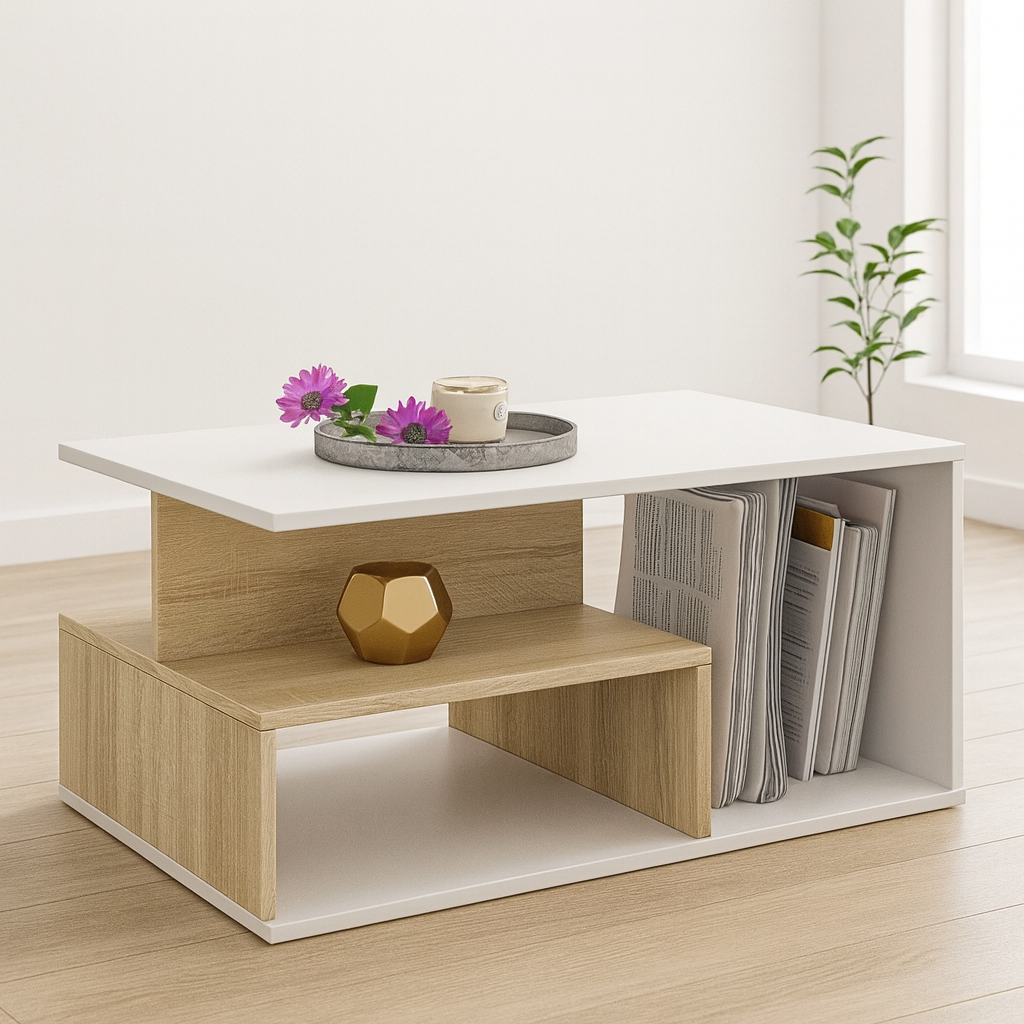 طاولة استقبال 100×50×40 سم - أبيض وخشبي - AZH-00048
