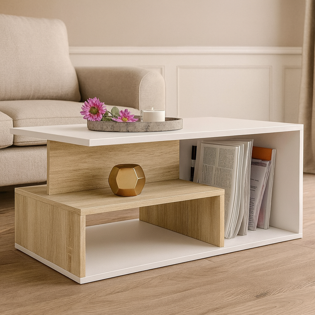 طاولة استقبال 100×50×40 سم - أبيض وخشبي - AZH-00048
