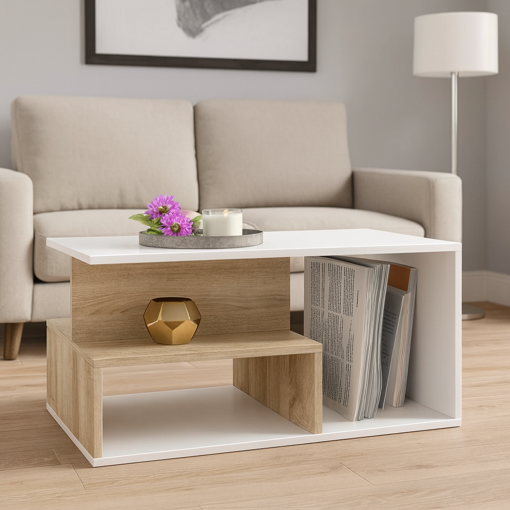 طاولة استقبال 100×50×40 سم - أبيض وخشبي - AZH-00048
