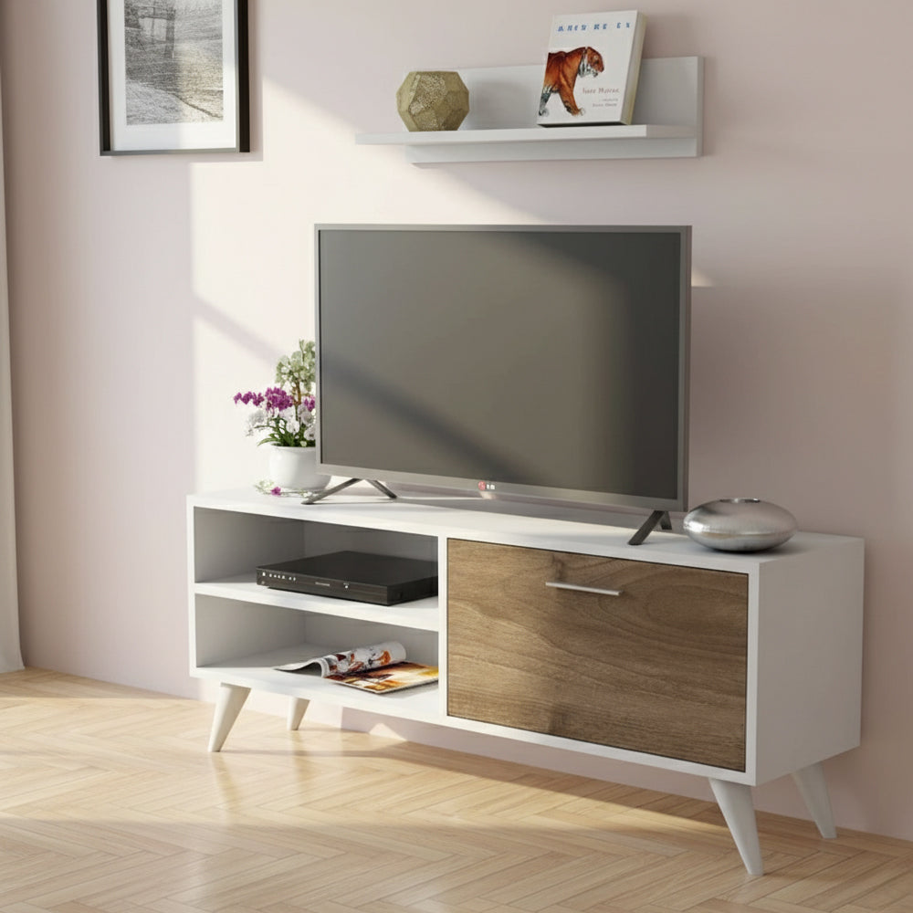 طاولة تلفزيون 110 × 40 × 50 سم – خشبي وأبيض – AZ30074
