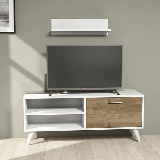 طاولة تلفزيون 110 × 40 × 50 سم – خشبي وأبيض – AZ30074
