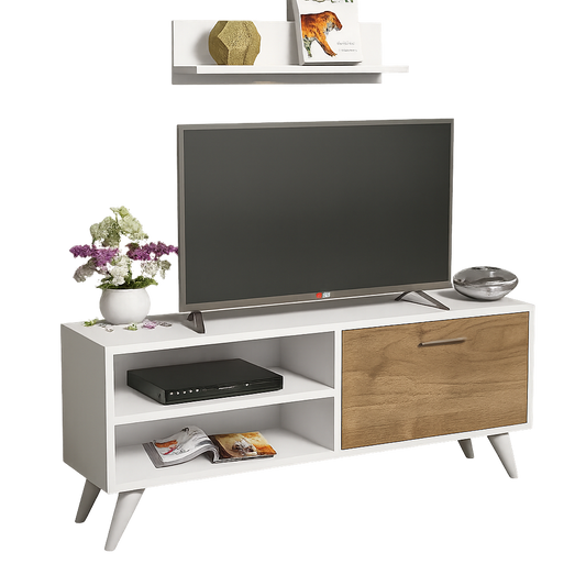 طاولة تلفزيون 110 × 40 × 50 سم – خشبي وأبيض – AZ30074
