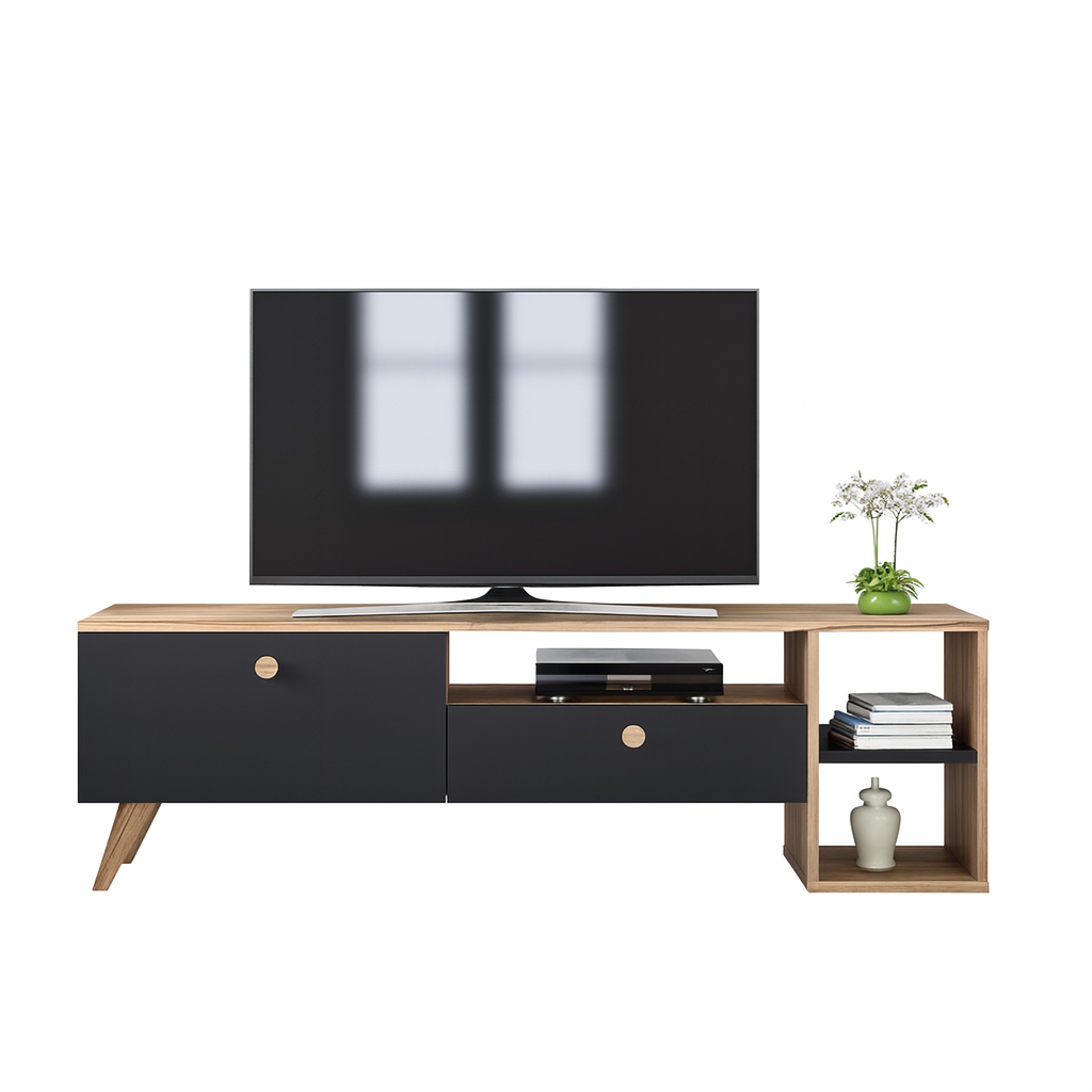 TV Table, 150 × 35 × 45 cm - Black and Wooden - AZ30077