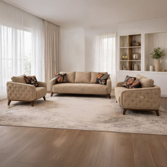 طقم انتريه مودرن 3 قطع (خشب MDF وموسكي، مع أرجل من خشب الزان) – اللون: بيج – كلاسيكو