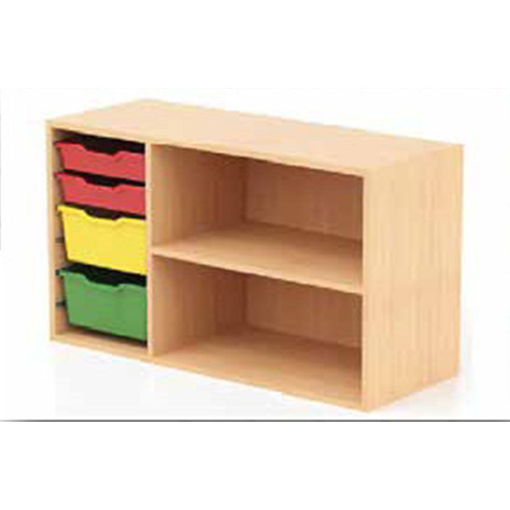 Light Wood Low Storage Unit with Colorful Trays and Open Shelves