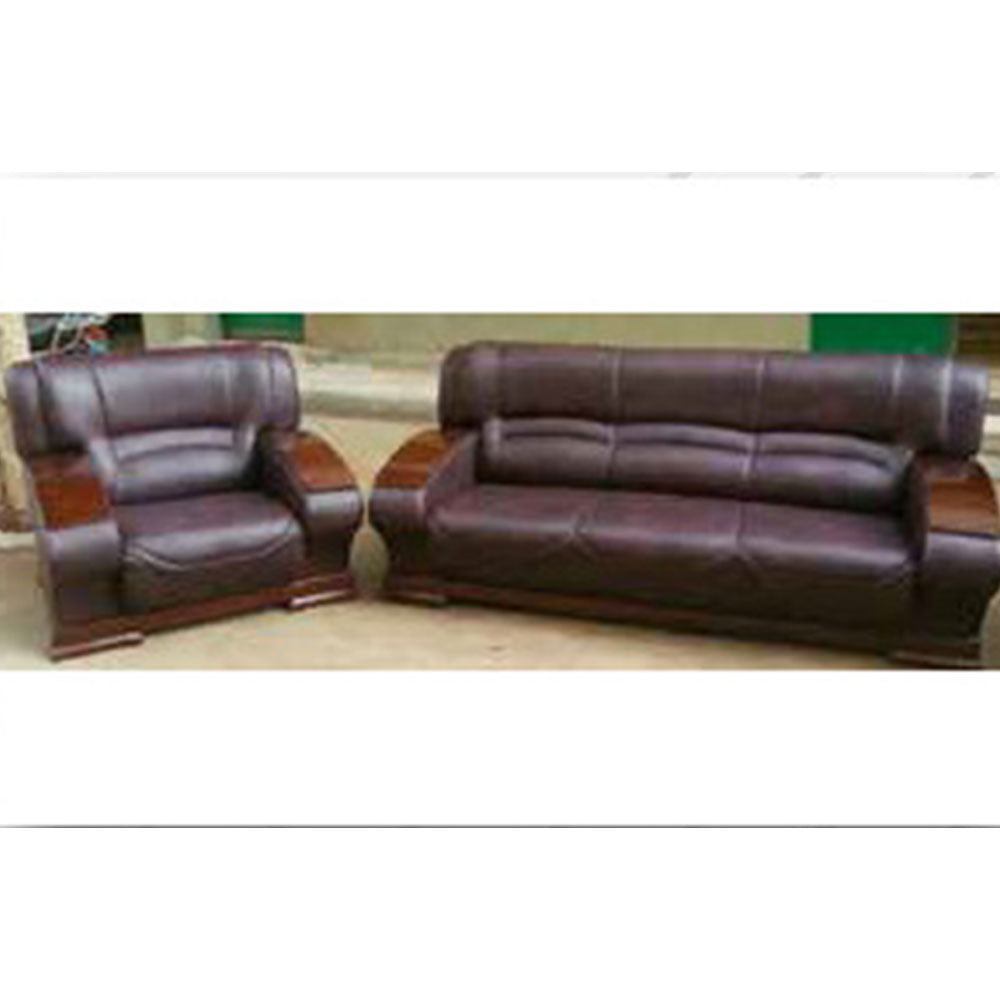 Luxurious Brown Leather Sofa Set with Wooden Armrests