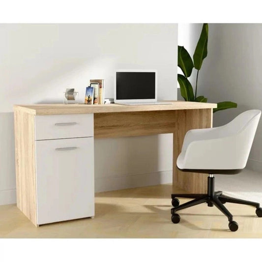 Desk 120×60×75 cm + Attached Unit (1 Door + 1 Drawer) – White and Wooden – AZ1054