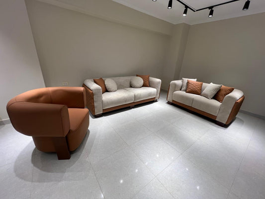 2518 Modern 3-Piece Sofa Set – Beige & Cognac Leather Blend