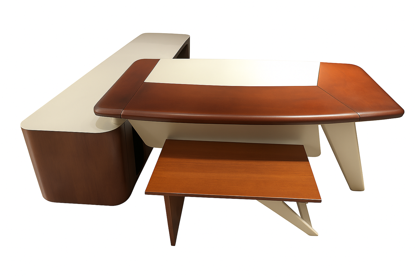 مكتب 180×160×75 سم + وحدة جانبية + طاولة استقبال – بني وأبيض – AZ50044
