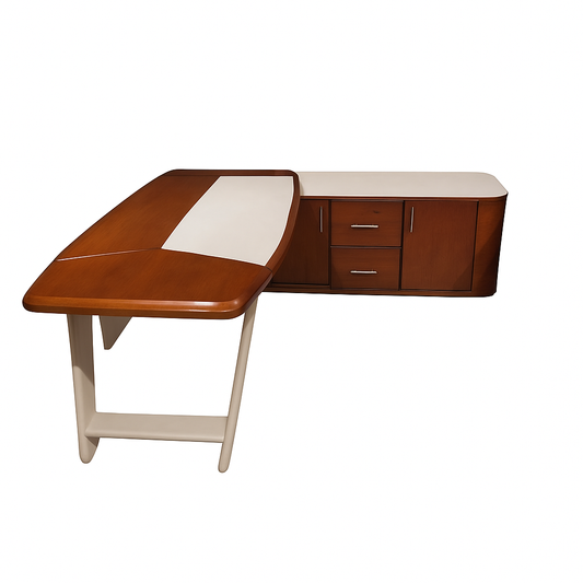 مكتب 180×160×75 سم + وحدة جانبية + طاولة استقبال – بني وأبيض – AZ50044
