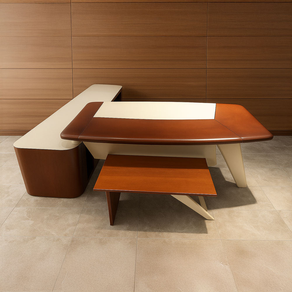 مكتب 180×160×75 سم + وحدة جانبية + طاولة استقبال – بني وأبيض – AZ50044
