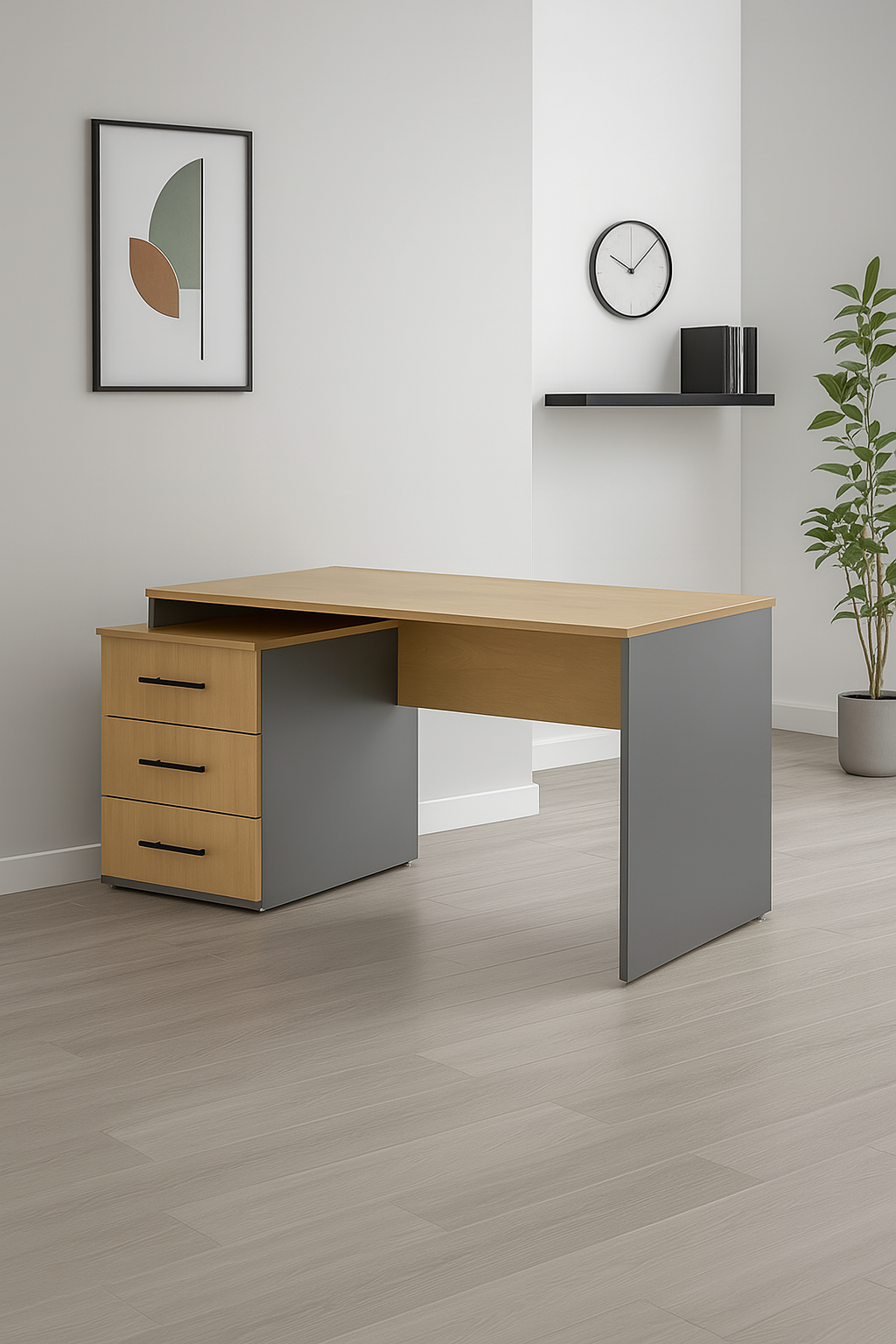 مكتب 120×60×75 سم + وحدة أدراج متصلة – رمادي وخشبي – AZ1059