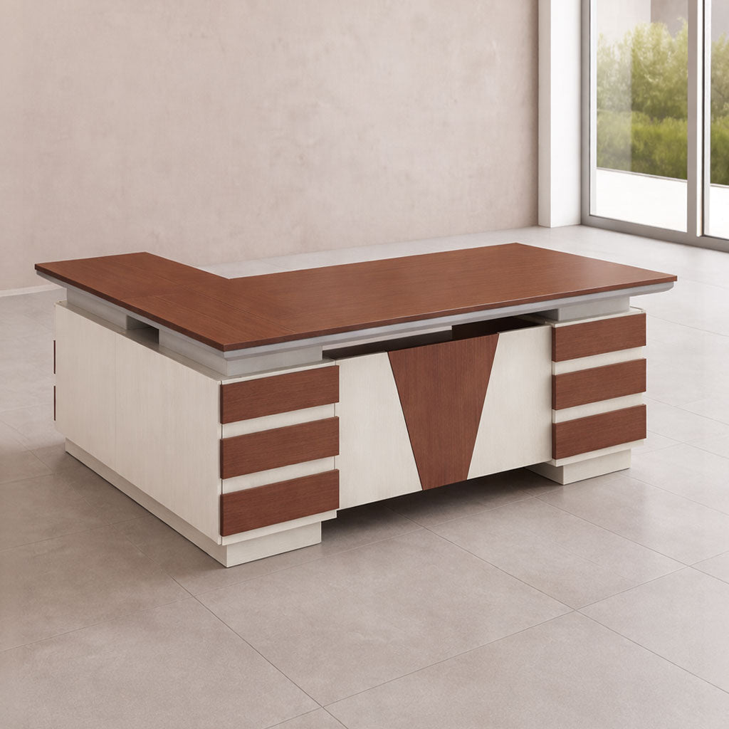 Desk 180×160×75 cm + Side Unit + Attached Drawer Unit – White and Brown – AZ120137