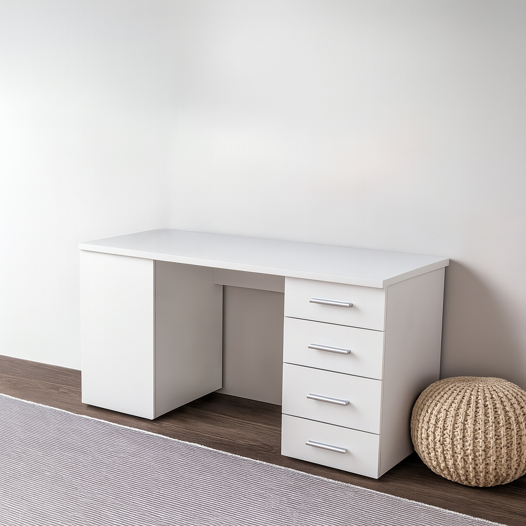 Desk 160×80×75 cm + Attached Unit (1 Door + 4 Drawer) – White – AZ1011