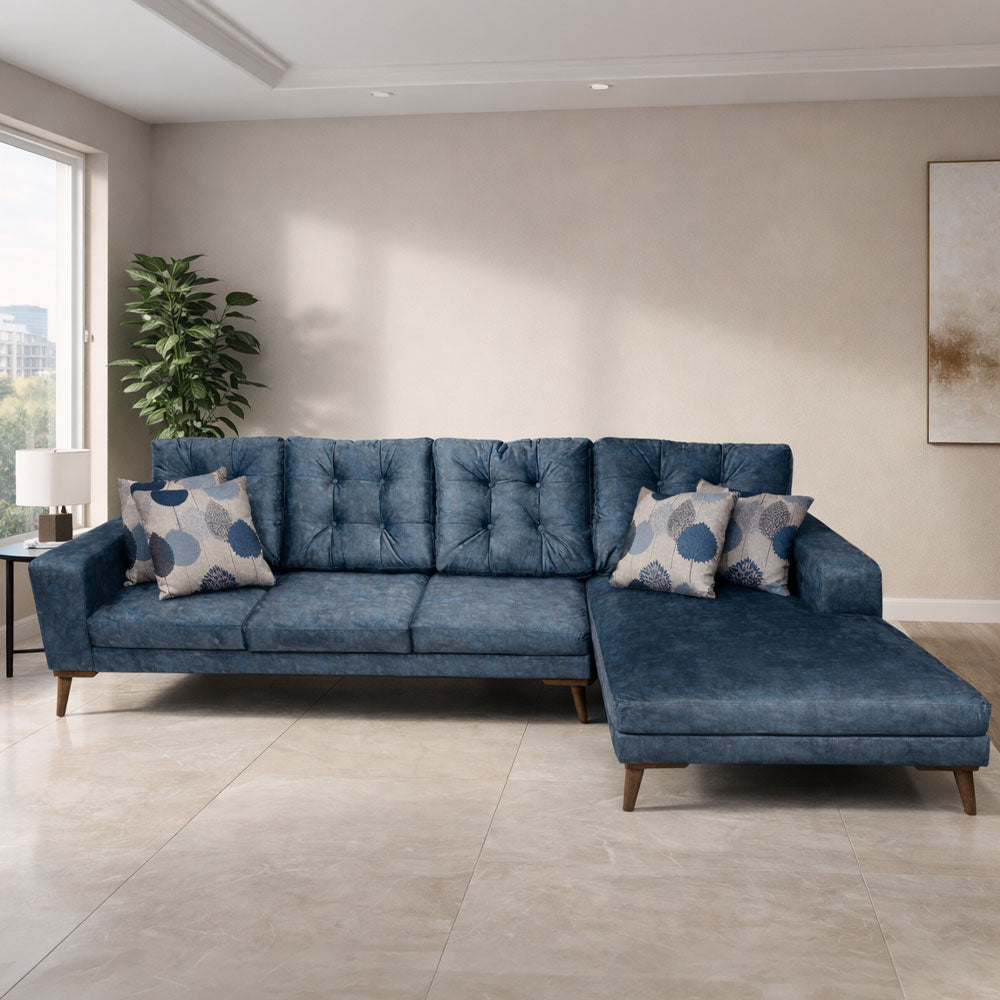 Modern L-Shaped Home Corner Sofa – Natural Wood – Denim Blue – 285*175*85 cm – Cappuccino Pro Max