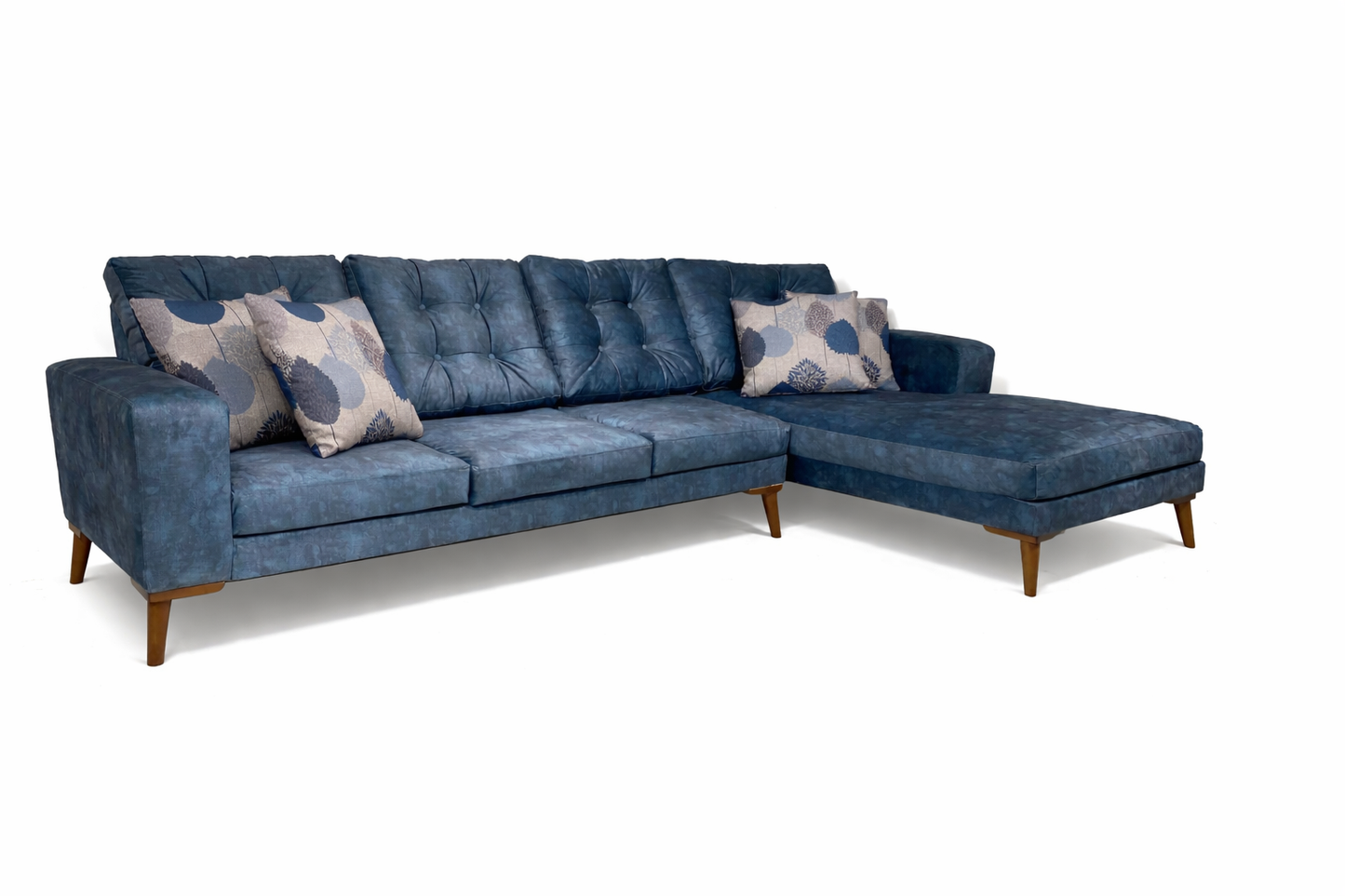 Modern L-Shaped Home Corner Sofa – Natural Wood – Denim Blue – 285*175*85 cm – Cappuccino Pro Max